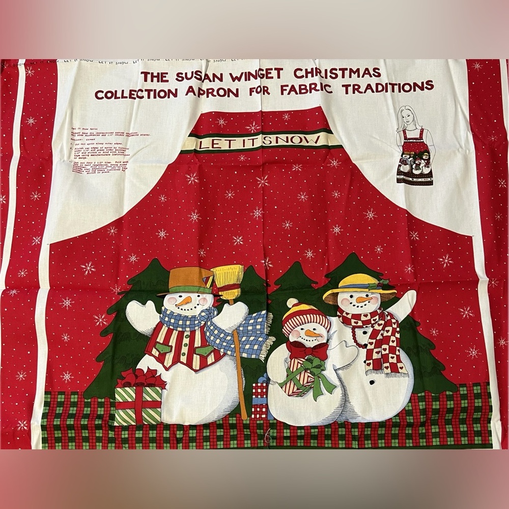 🔴New Vintage Susan Winget Christmas Apron Fabric Panel Let It Snow Snowmen 1995
